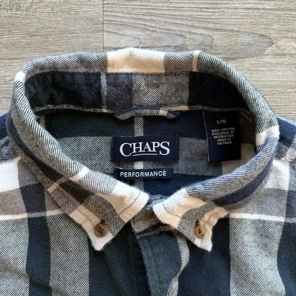 Chaps Performance Flannel Shirt Blue Black Plaid Mens Large Outdoors Button Up - Picture 2 of 5